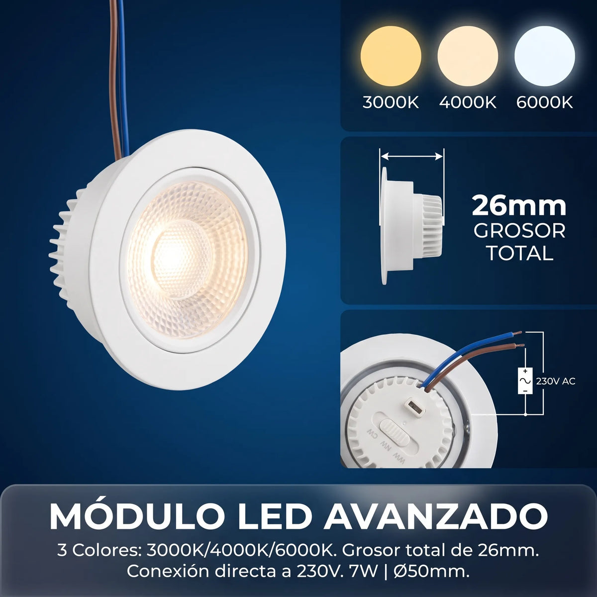 Módulo LED GU10 Slim 7W CCT Seleccionable Ultraplano Grosor 26mm para Aros Downlight / Dicroicas