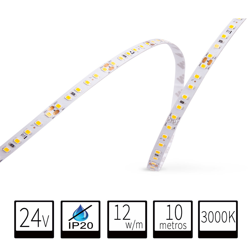 Tira LED 24V IP20 3000K 12w/m 1200lm/m 120chips/m Rollo de 10 metros Anchura 8mm