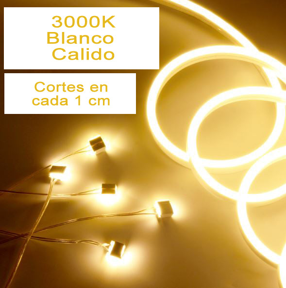 Neón LED Flexible 6x12mm 12V DC -Corte cada 1cm-3000k-Blanco Calido Alta Densidad IP65 - Precio por metro -
