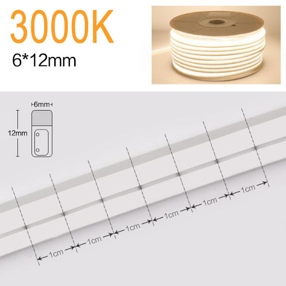 Neón LED Flexible 6x12mm 12V DC -Corte cada 1cm-3000k-Blanco Calido Alta Densidad IP65 - Precio por metro -