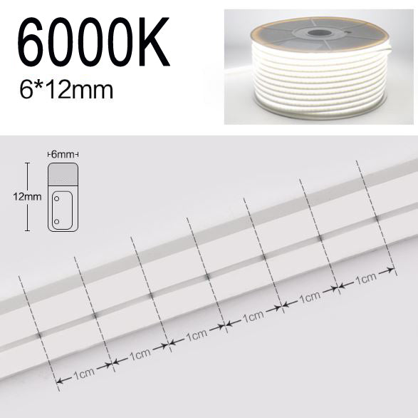 Neón LED Flexible 6x12mm 12V DC -Corte cada 1cm-6000k-Blanco Frio Alta Densidad IP65 - Precio por metro -