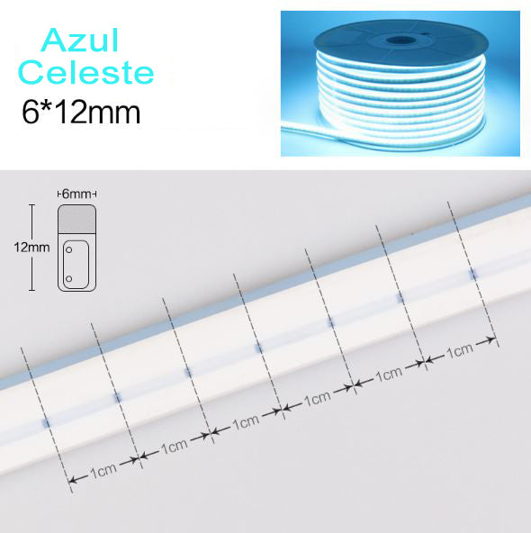 Neón LED Flexible 6x12mm 12V DC  Corte cada 1cm Color Azul Celeste Alta Densidad IP65 Precio por metro