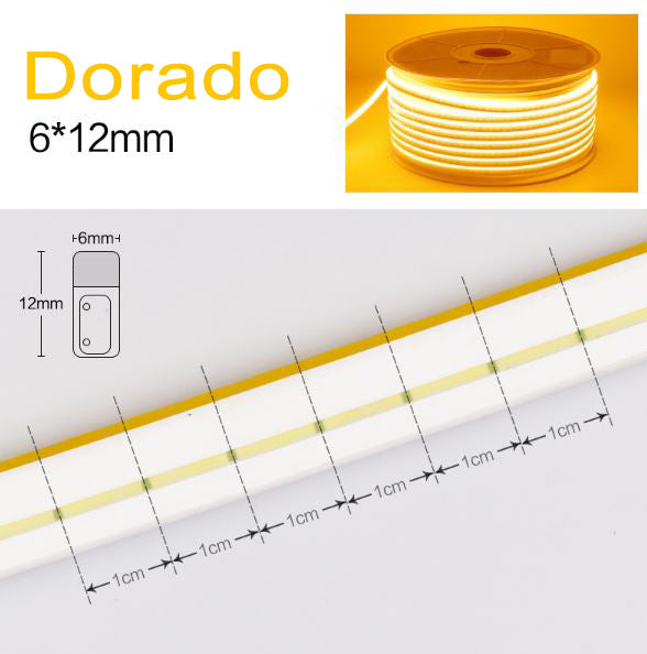 Neón LED Flexible 6x12mm 12V DC  Corte cada 1cm Color Dorado Alta Densidad IP65 Precio por metro
