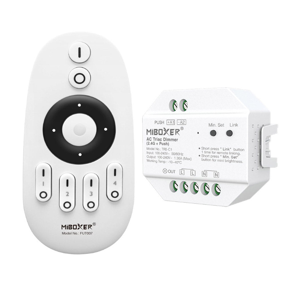 Kit Regulador LED TRIAC MiBoxer + Mando RF 4 Zonas Compatible con Tiras LED 220V y Luminarias Regulables