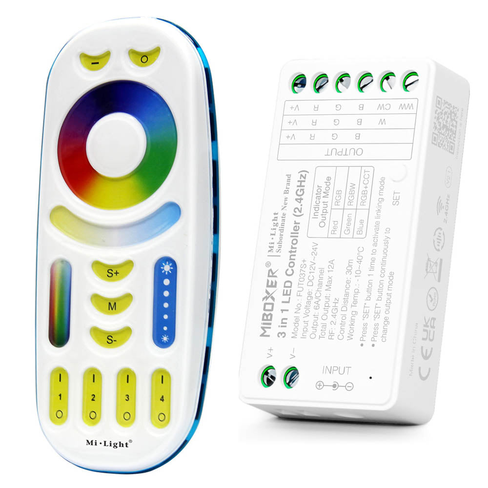 Kit de Control Pro para Tiras LED RGB+CCT: Controlador + Mando a Distancia RF (12V-24V) 2.4Ghz