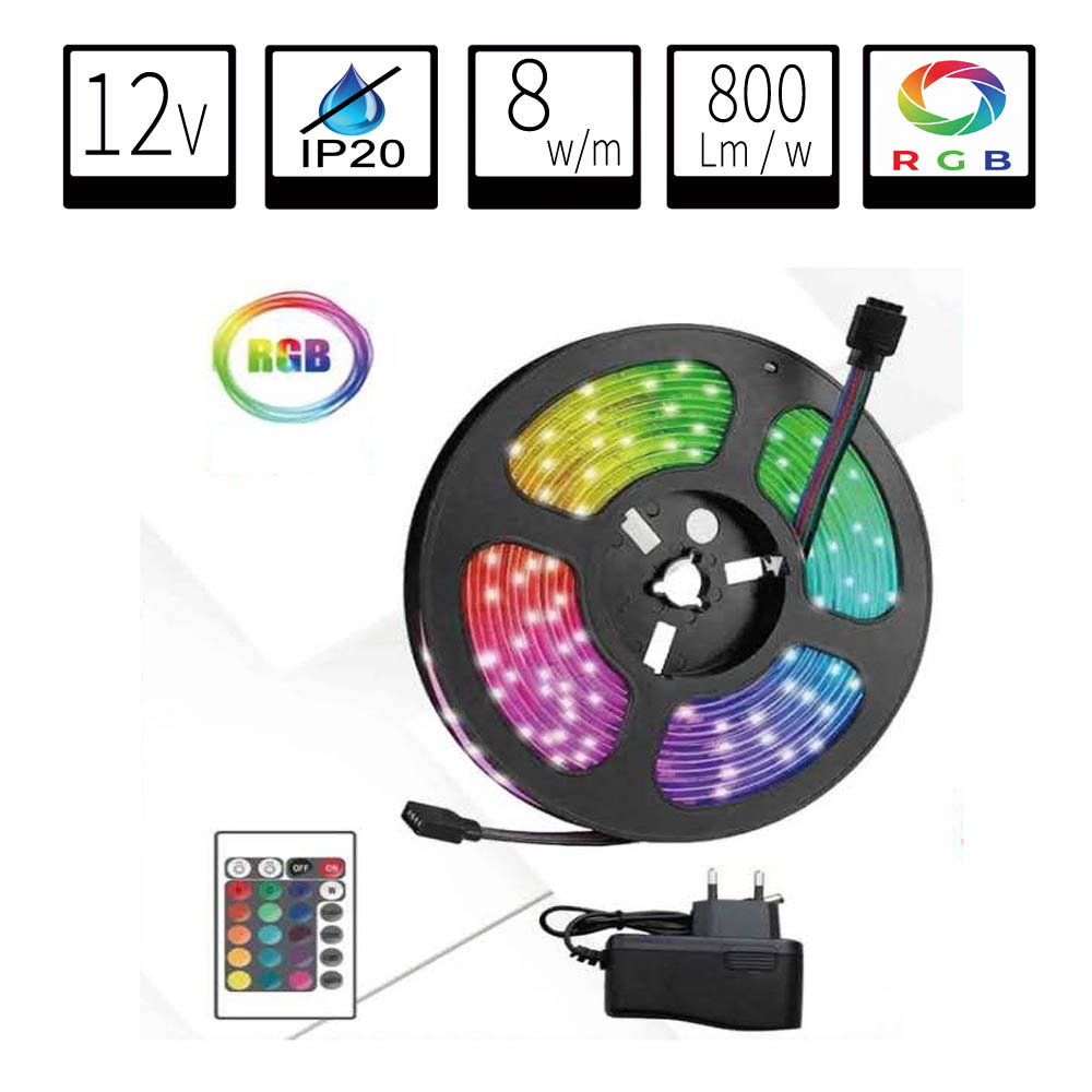Kit Completo de Tira LED RGB DC12V SMD2835 (60 LED/m) 5m IP20 C/ Mando Incl.