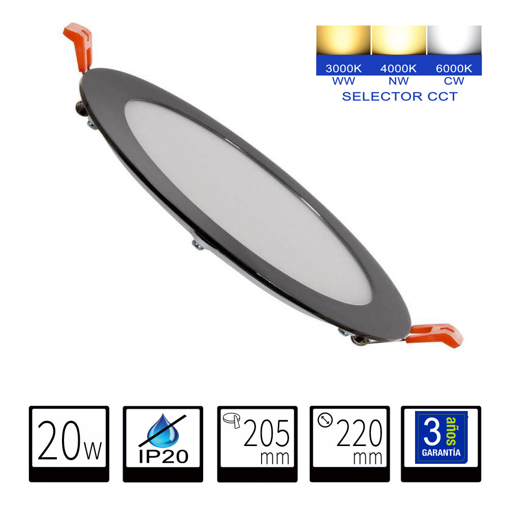 Panel LED Negro Downlight 20W Redondo Empotrable Superslim Corte 205mm