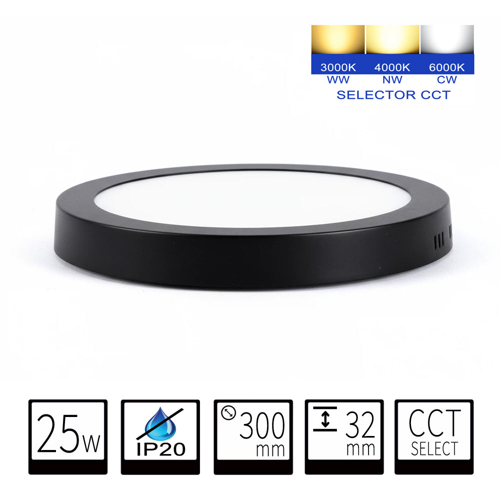 Plafon LED Superficie Redondo Negro 25W CCT Seleccionable Ø300 mm