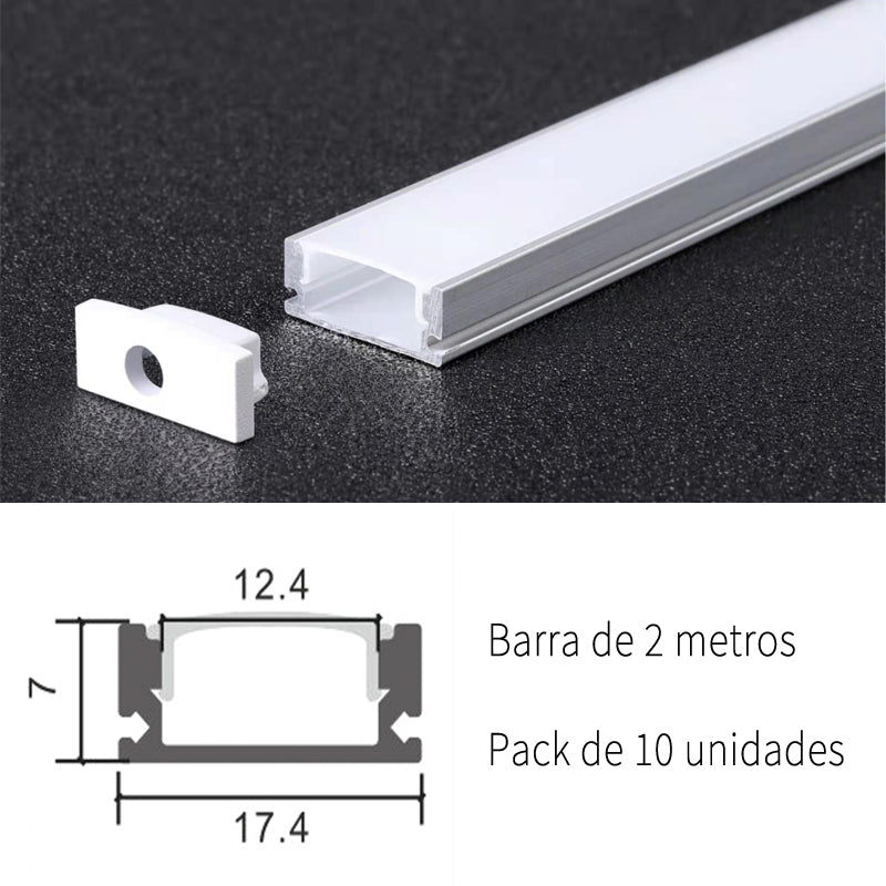 Pack 10 Perfiles de Aluminio Superficie Con Difusor Opal Longitud 2 Metros LY21-01-AL