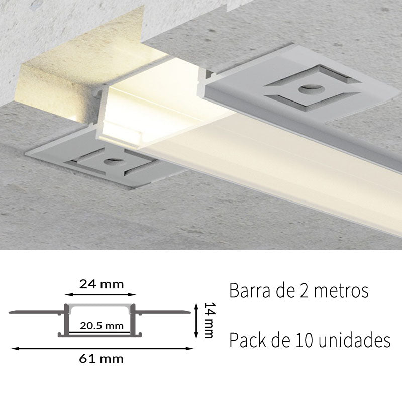 Pack 10 Perfiles de Aluminio para Empotrar con Alas Para Pladur Anchura 20.5mm Con Difusor Opal LY21-05-AL