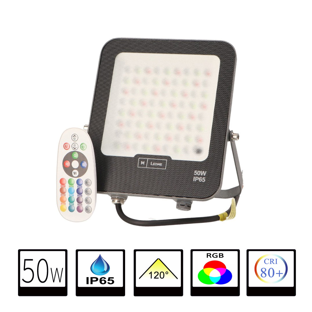 Foco Proyector LED Para Exterior 50W RGB C/Mando IP65