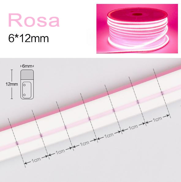 Neón LED Flexible 6x12mm 12V DC  Corte cada 1cm Color Rosa Alta Densidad IP65 Precio por metro