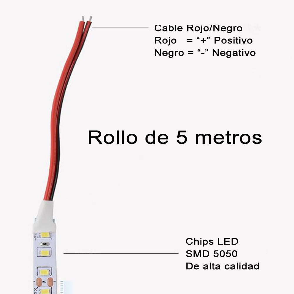 Tira LED 12V IP65-Exterior 6000K 14w/m 1300lm/m 60chips/m SMD5050 Rollo de 5 metros Anchura 10mm
