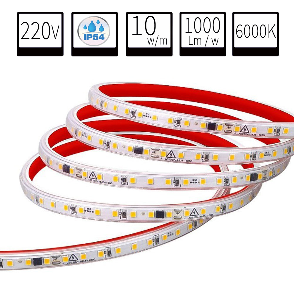 Tira LED Directo 220V Autoadhesiva IP54 6000K SMD2835 10w/m 1000lm/m 120chips/m Corte 10cm