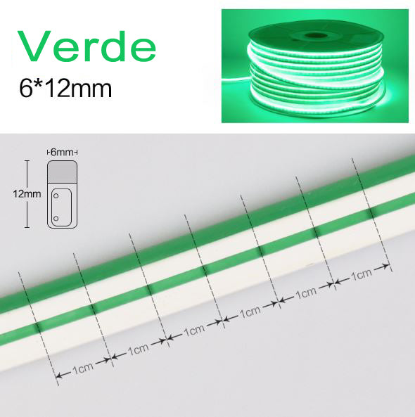Neón LED Flexible 6x12mm 12V DC  Corte cada 1cm Color Verde Alta Densidad IP65 Precio por metro