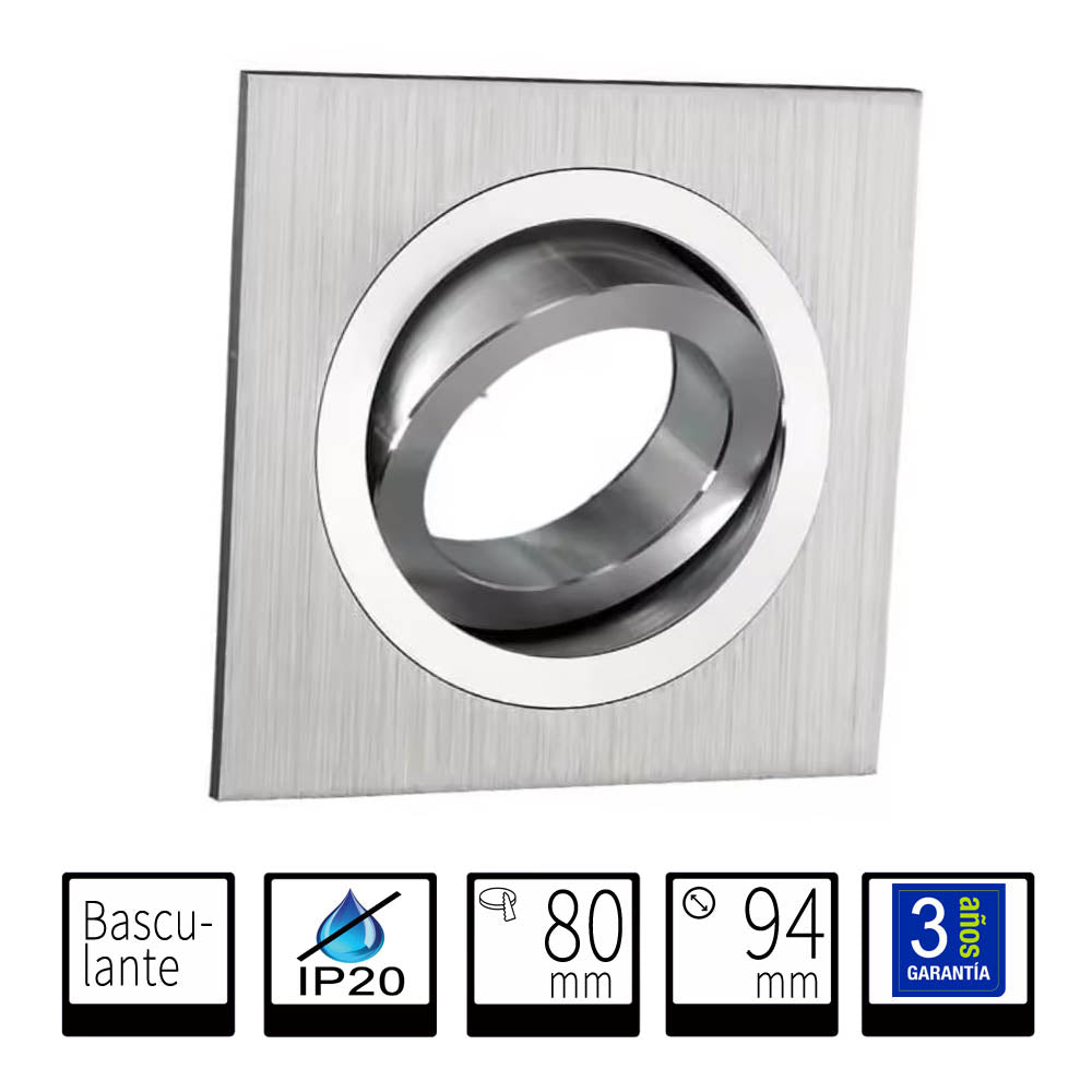 Aro Empotrable Cuadrado Basculante Plateado Para GU10 LY24-04-AL