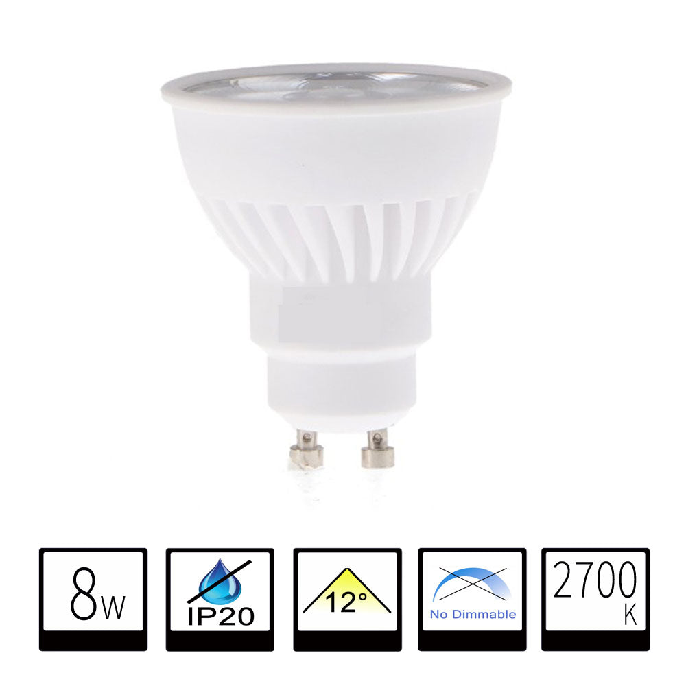 Bombilla LED GU10 COB Pro 8W - Ángulo Estrecho 12º - Alta Concentración de Luz - 2700K Blanco Cálido
