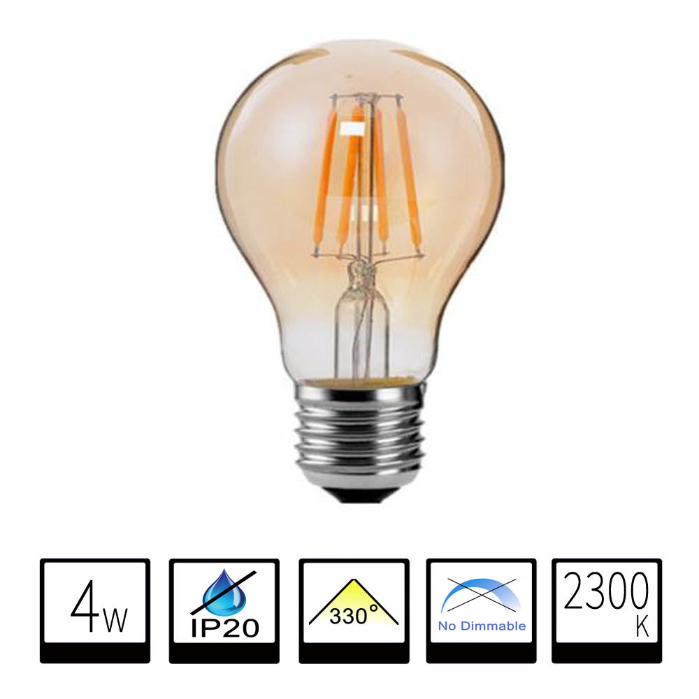 Bombilla de Filamento LED E27 A60 4W - Cristal Ámbar y Luz Vintage 2300K