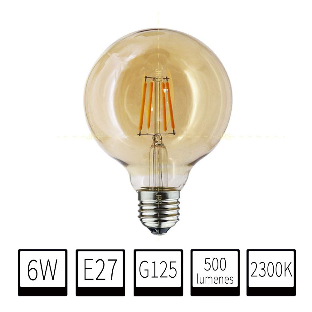 Bombilla LED Filamento E27 G125 6W - Globo de Cristal Ámbar - 2300K Blanco Extra Cálido