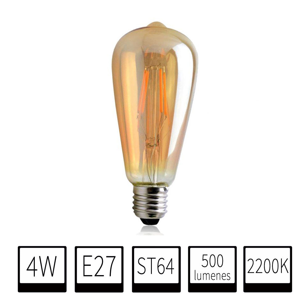 Bombilla LED 4W Filamento ST64 E27 Cristal Ámbar 2200K Blanco Extra Cálido