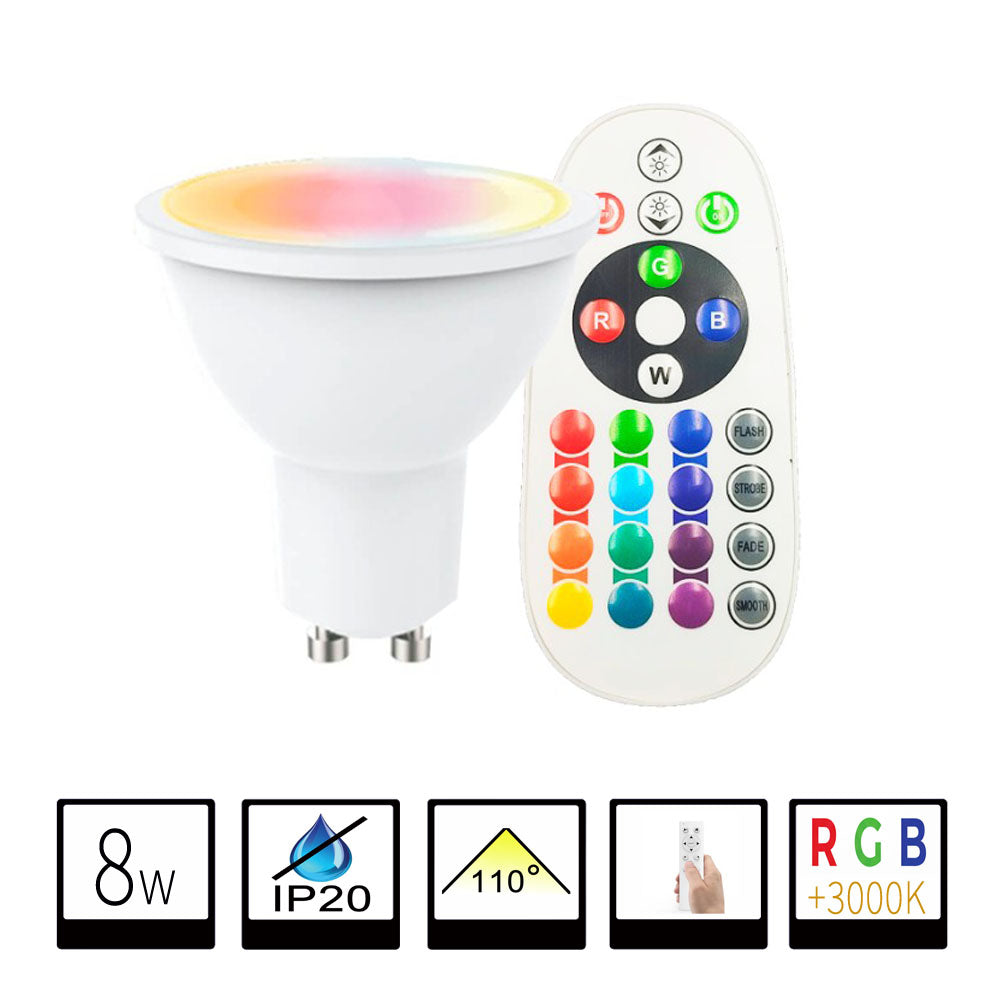 Bombilla LED GU10 8W RGB + CCT (3000K) - Iluminación a tu Medida con Mando a Distancia