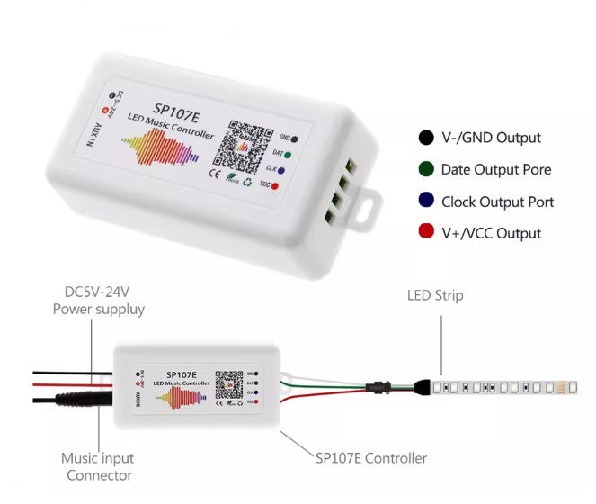 Controlador LED Bluetooth SP107E con Sincronización Musical - Para Tiras LED Digitales (IC Pixeles)