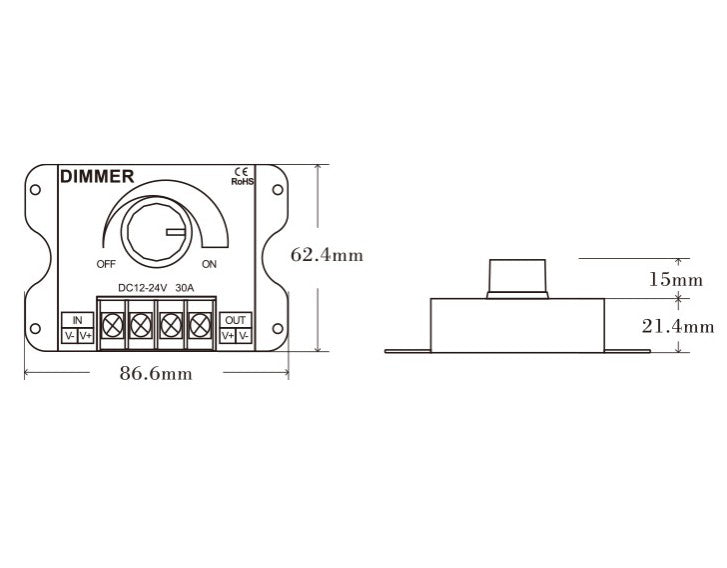 Regulador Dimmer 30A Monocolor 12V/24V Ajuste de Brillo Preciso y Personalizable para Tira LED