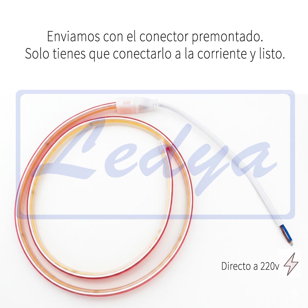 Tira LED COB 220V Directa 10W/m IP65 C/Autoadhesiva - Corte cada 10cm - Alta Densidad - 3000K Blanco Calido