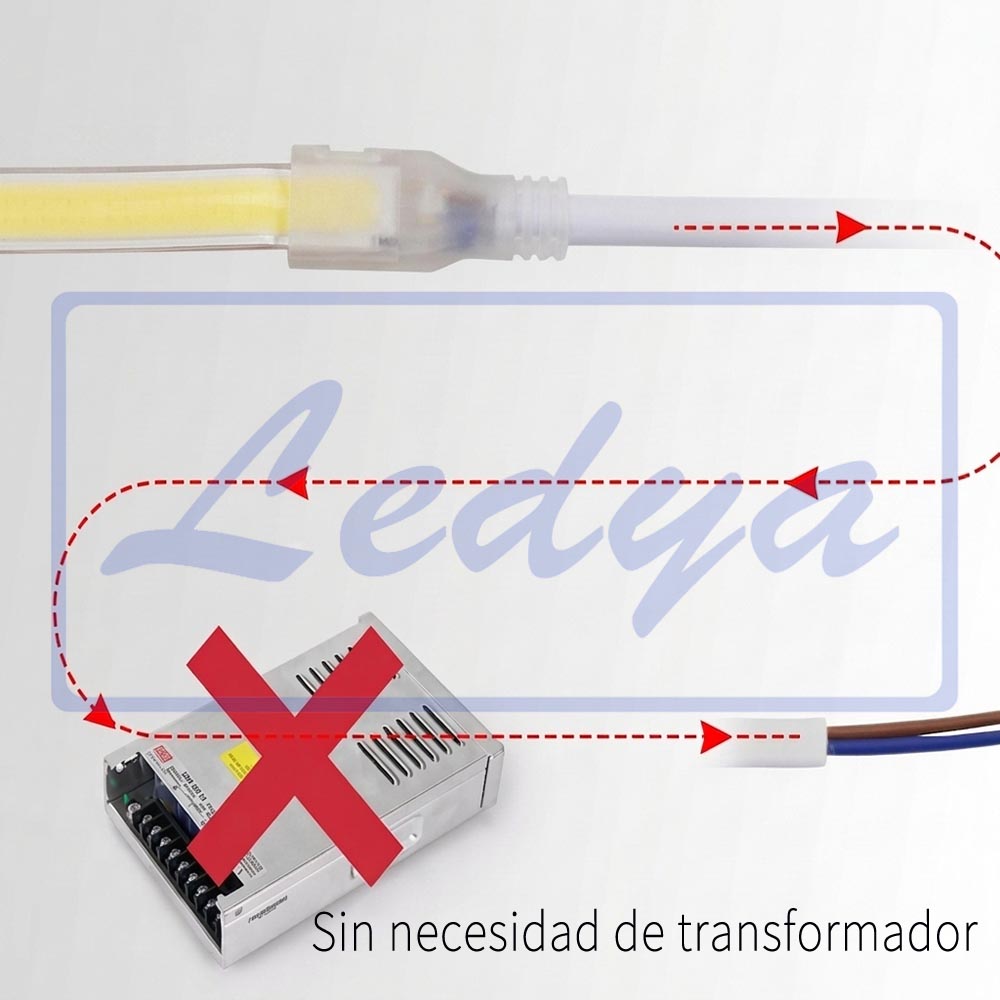 Tira LED COB 220V Directa 10W/m IP65 C/Autoadhesiva - Corte cada 10cm - Alta Densidad - 3000K Blanco Calido