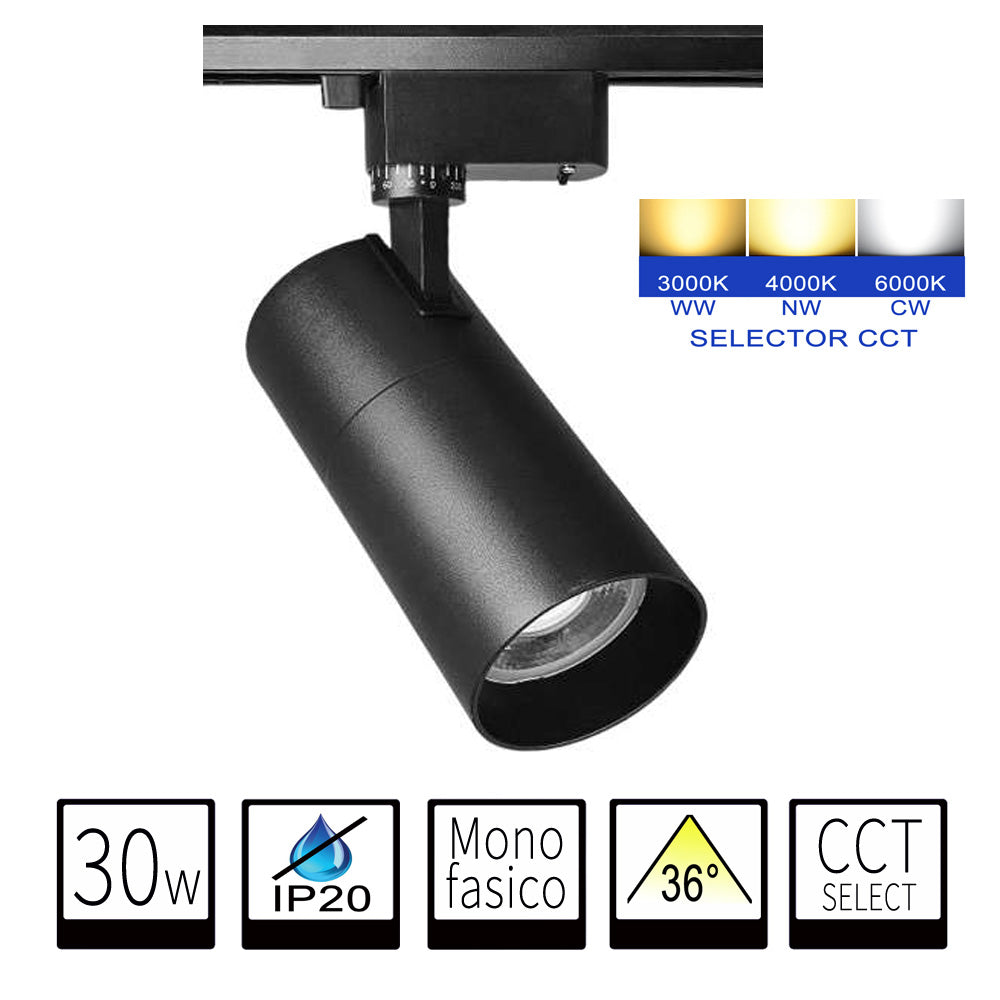 Foco LED Carril Monofasico 30W Negro Con CCT Seleccionable (3000K-4000K-6000K)