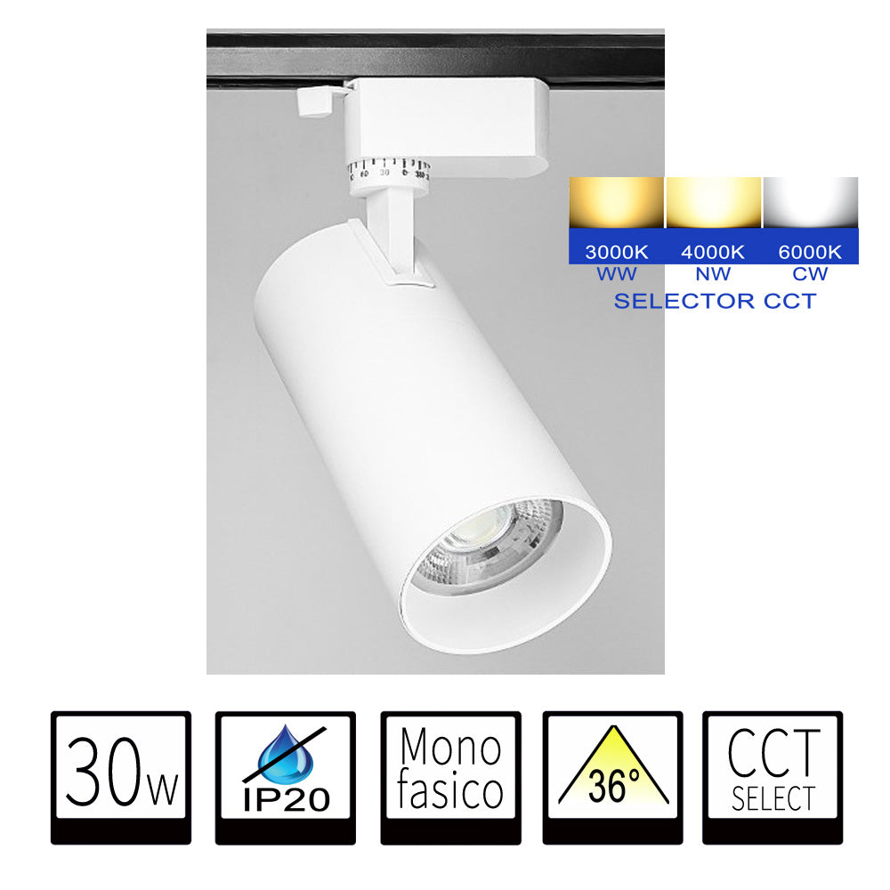 Foco LED Carril Monofasico 30W Blanco Con CCT Seleccionable (3000K-4000K-6000K)
