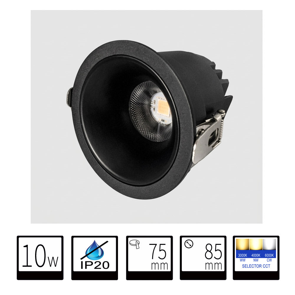 Foco LED Redondo COB 10W Negro - Sistema CCT Seleccionable (3000K/4000K/6000K)