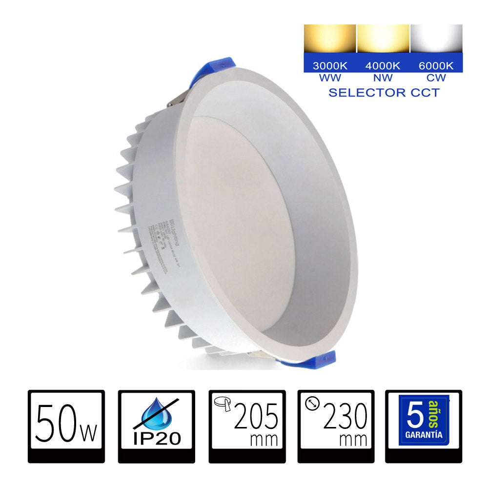 Foco LED 50W Empotrable Circular - CCT Seleccionable (3000K-4000K-6000K) - Blanco Pro