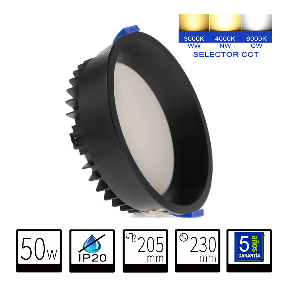 Foco LED 50W Empotrable Circular - CCT Seleccionable (3000K-4000K-6000K) - Negro Pro