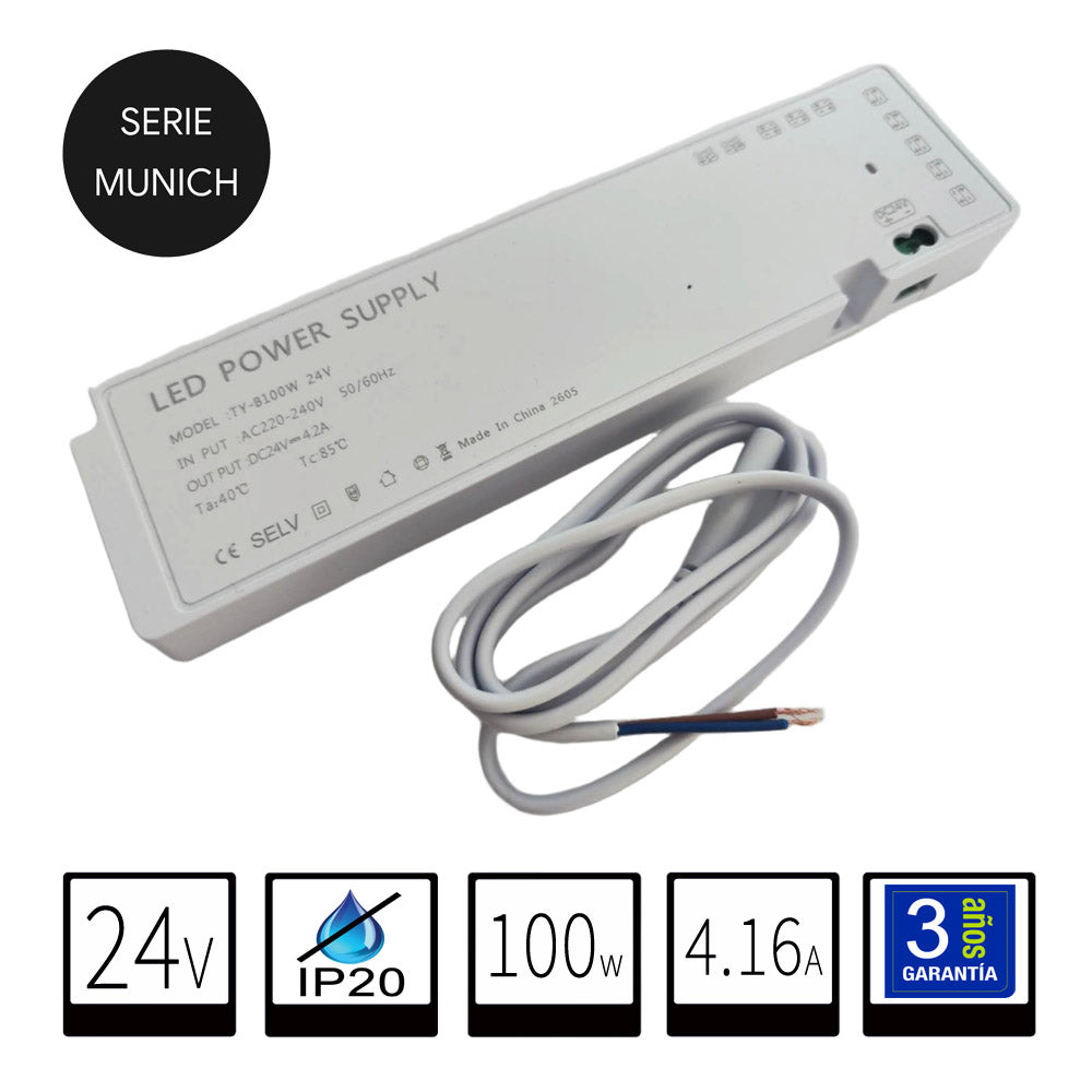 Fuente de Alimentación LED 24V 100W para Tiras LED de Muebles – Ultrafina y Ampliable con Sensores Serie.Munich