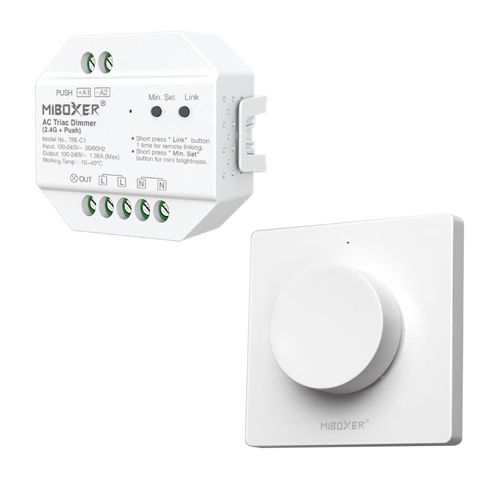 Kit Regulador LED TRIAC MiBoxer + Panel de Control Remoto Giratorio 2.4GHz Compatible con Tiras LED 220V y Luminarias Regulables