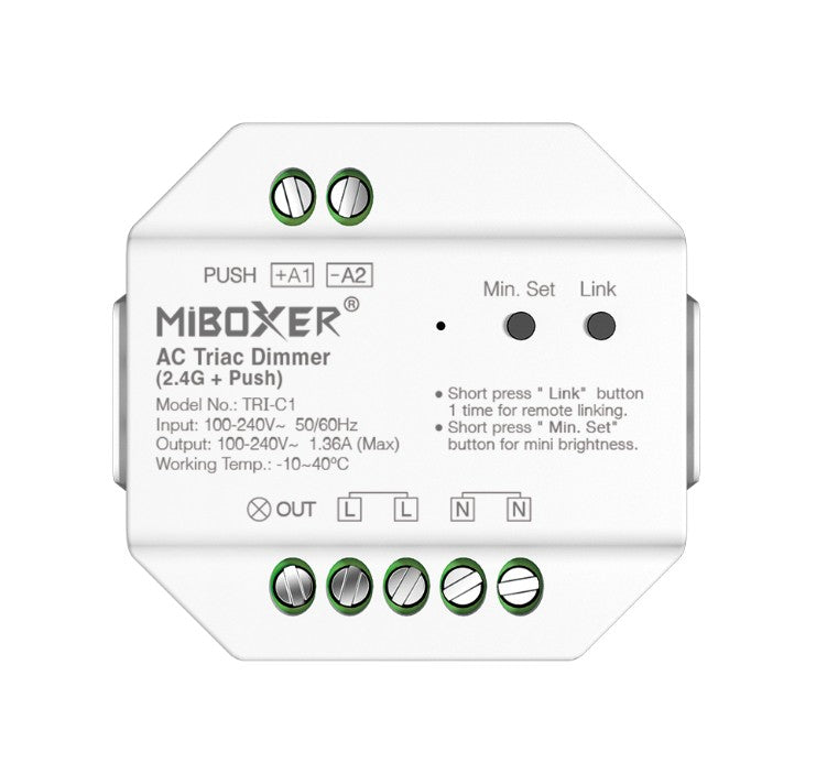 Regulador LED AC TRI-C1 MiBoxer - Dimmer RF 2.4GHz + Pulsador (Push) - 100-240V