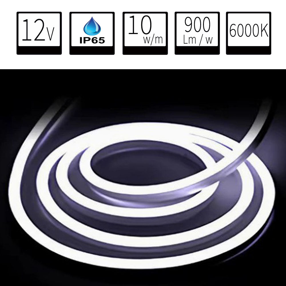 Neón LED Flexible 6x12mm 12V DC -Corte cada 1cm-6000k-Blanco Frio Alta Densidad IP65 - Precio por metro -