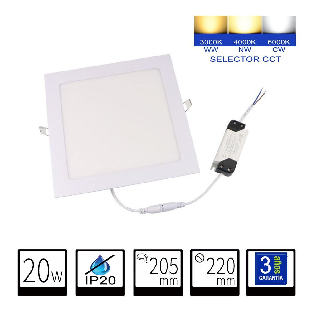 Panel LED Downlight 9W Cuadrado Empotrable Superslim Corte 130mm con Selector de Color (CCT: 3000K-4000K-6000K)