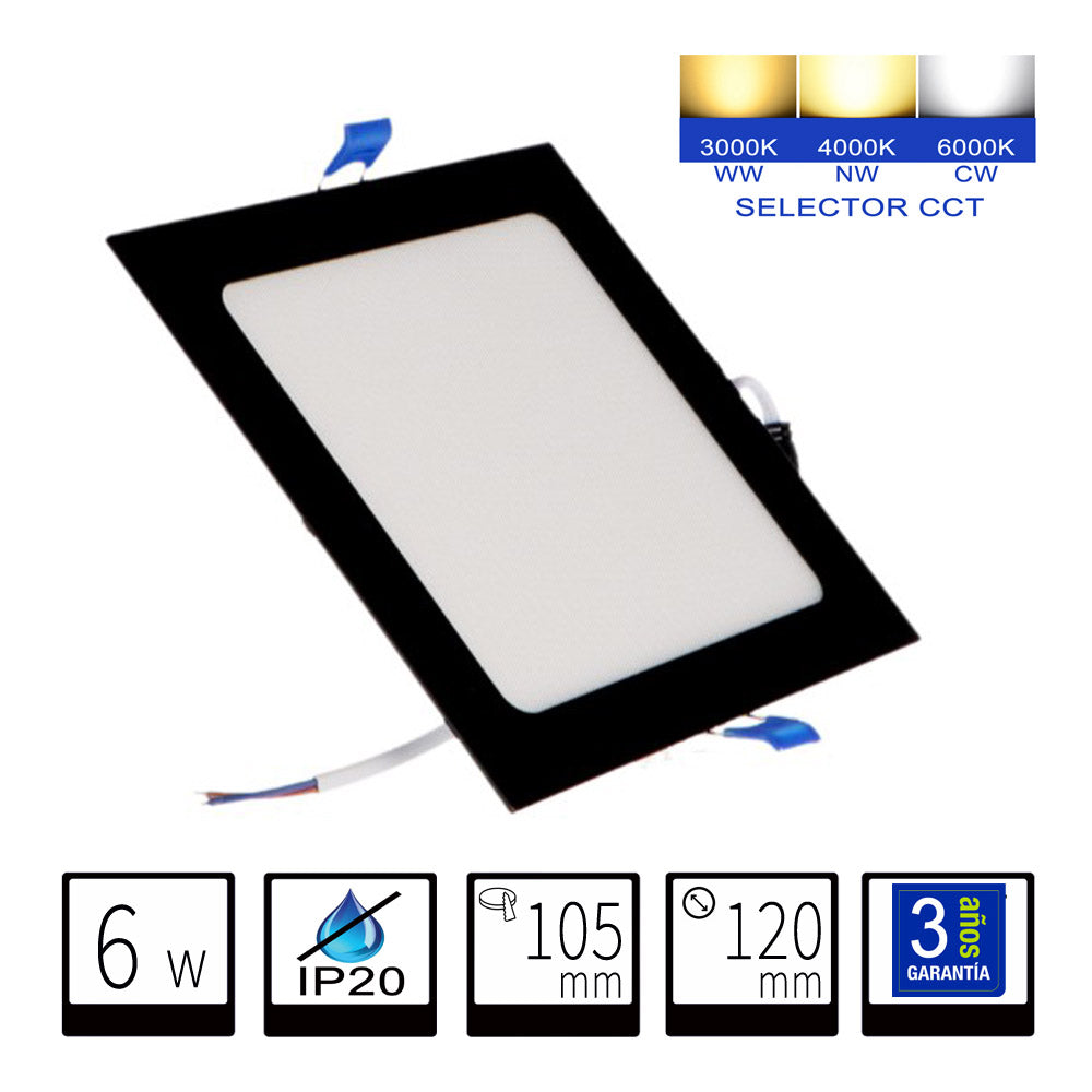 Panel LED Downlight 6W Negro Cuadrado Empotrable Superslim Selector CCT Corte 105mm