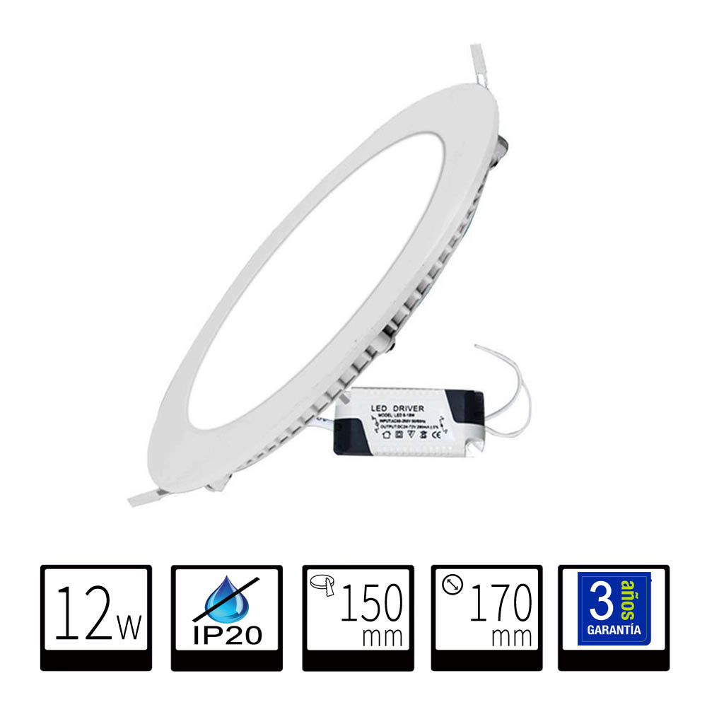 Panel LED Downlight 12W Redondo Empotrable Superslim Corte 150mm