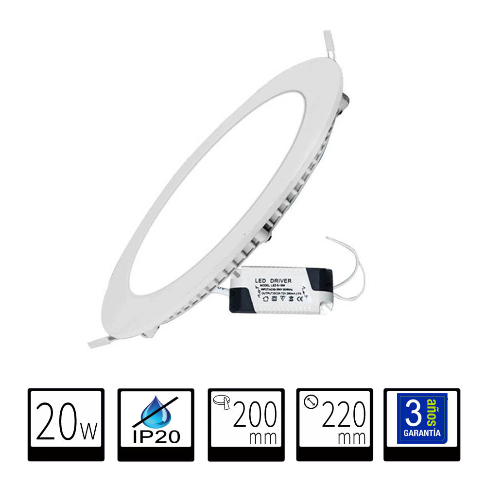 Panel LED Downlight 20W Redondo Empotrable Superslim Corte 200mm