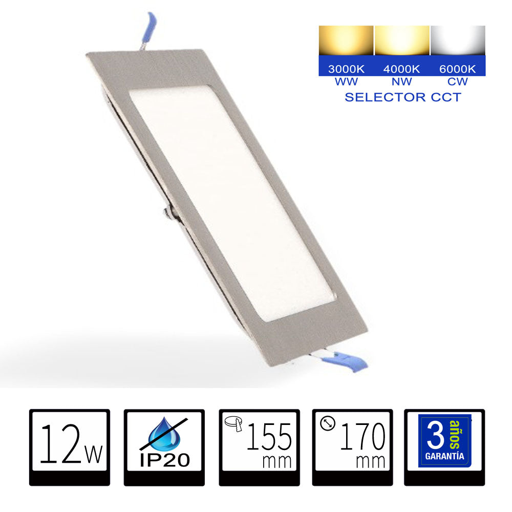 Panel LED Niquel Downlight 12W Cuadrado Empotrable Extraplano Corte 155mm