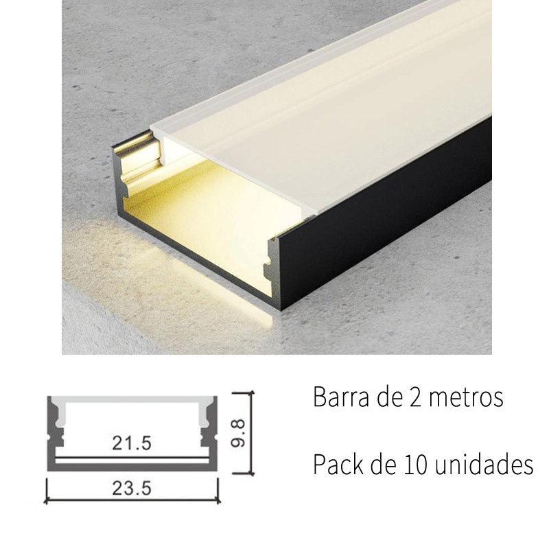 Pack 10 Perfiles de Aluminio Color Negro Superficie Con Difusor Opal Longitud 2 Metros LY21-11-NG