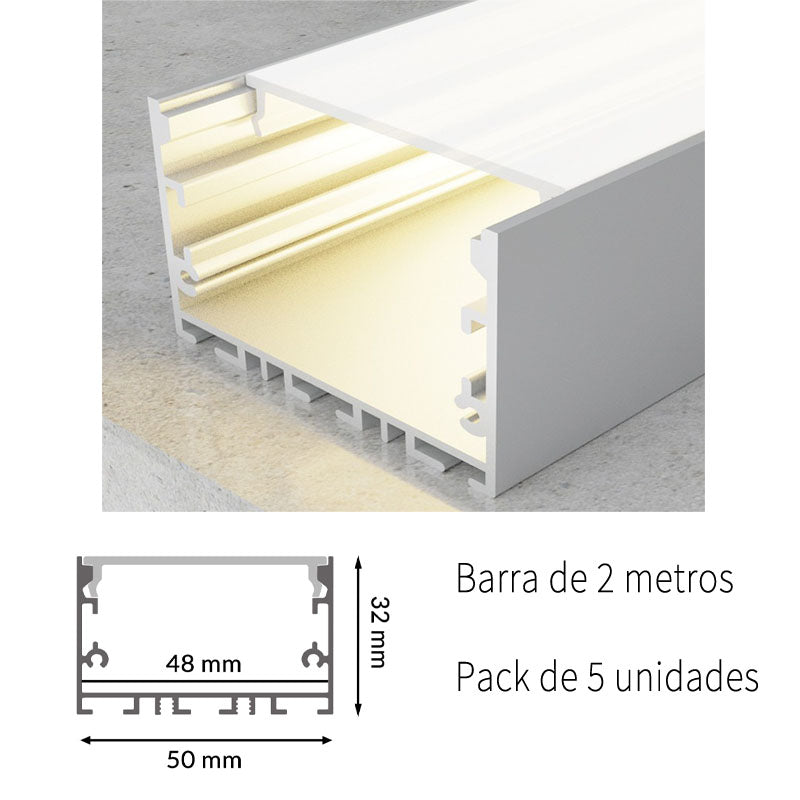 Pack 5 Perfiles de Aluminio Color Plateado Superficie/Colgante Con Difusor Opal Longitud 2 Metros LY21-09-PL