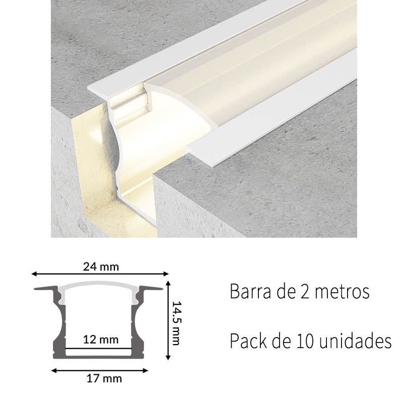 Pack 10 Perfiles de Aluminio para Empotrar con Alas Lacado Blanco 2 Metros Con Difusor Opal