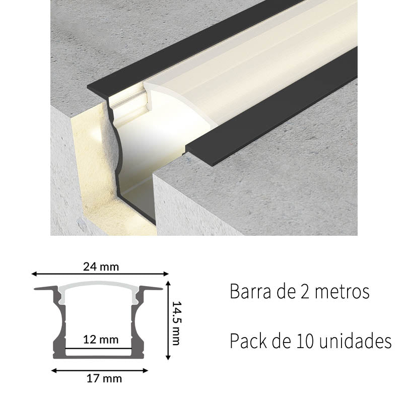 Pack 10 Perfiles de Aluminio para Empotrar con Alas Lacado Negro 2 Metros Con Difusor Opal