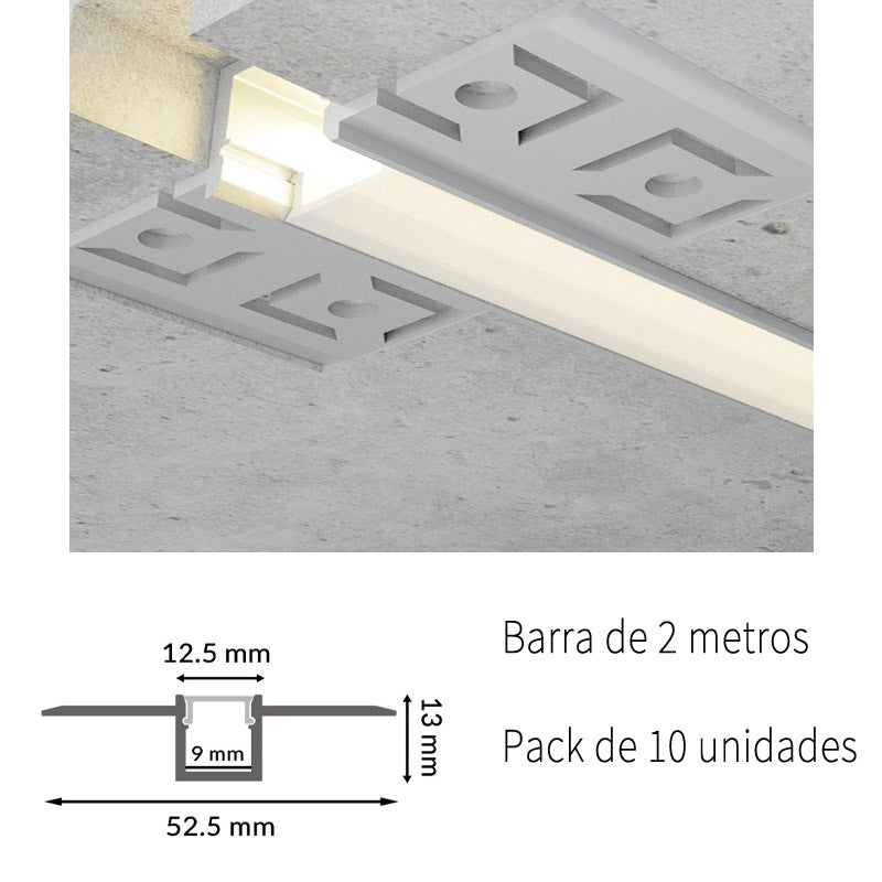 Pack 10 Perfiles de Aluminio para Empotrar con Alas Para Pladur Con Difusor Opal LY21-12-AL
