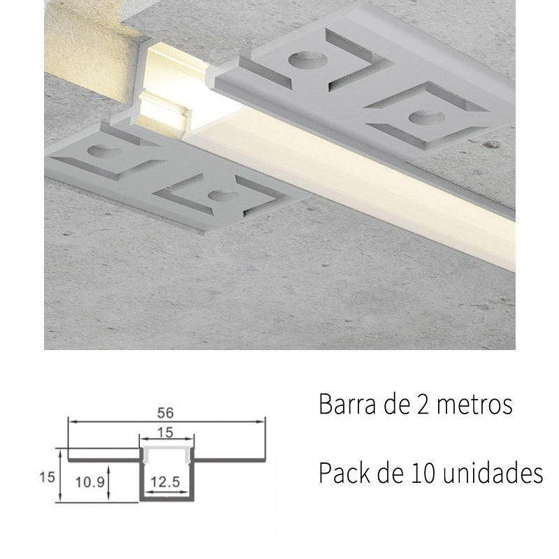 Pack 10 Perfiles de Aluminio para Empotrar con Alas Para Pladur Con Difusor Opal LY21-12-AL