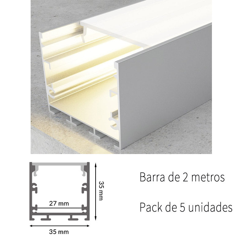 Pack 5 Perfiles de Aluminio Color Plateado Superficie/Colgante 35x35mm Con Difusor Opal Longitud 2 Metros LY21-13-AL